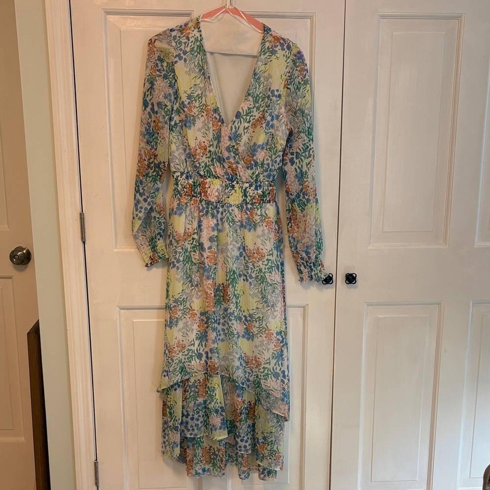 Floral V-Neck Long Sleeve High-Low Dress